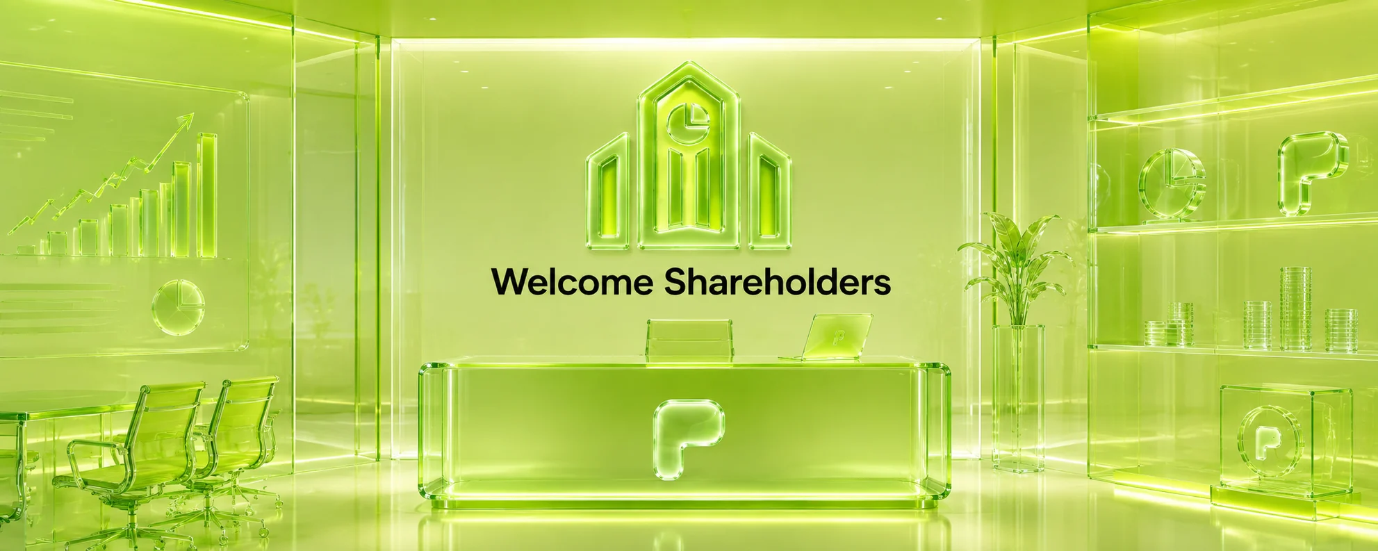 PONSPANY glass corporate lobby with Welcome Shareholders sign